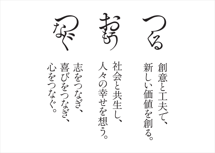 つくる 創意と工夫で、新しい価値を創る。 おもう 社会と共生し、人々の幸せを想う。 つなぐ 志をつなぎ、喜びをつなぎ、心をつなぐ。